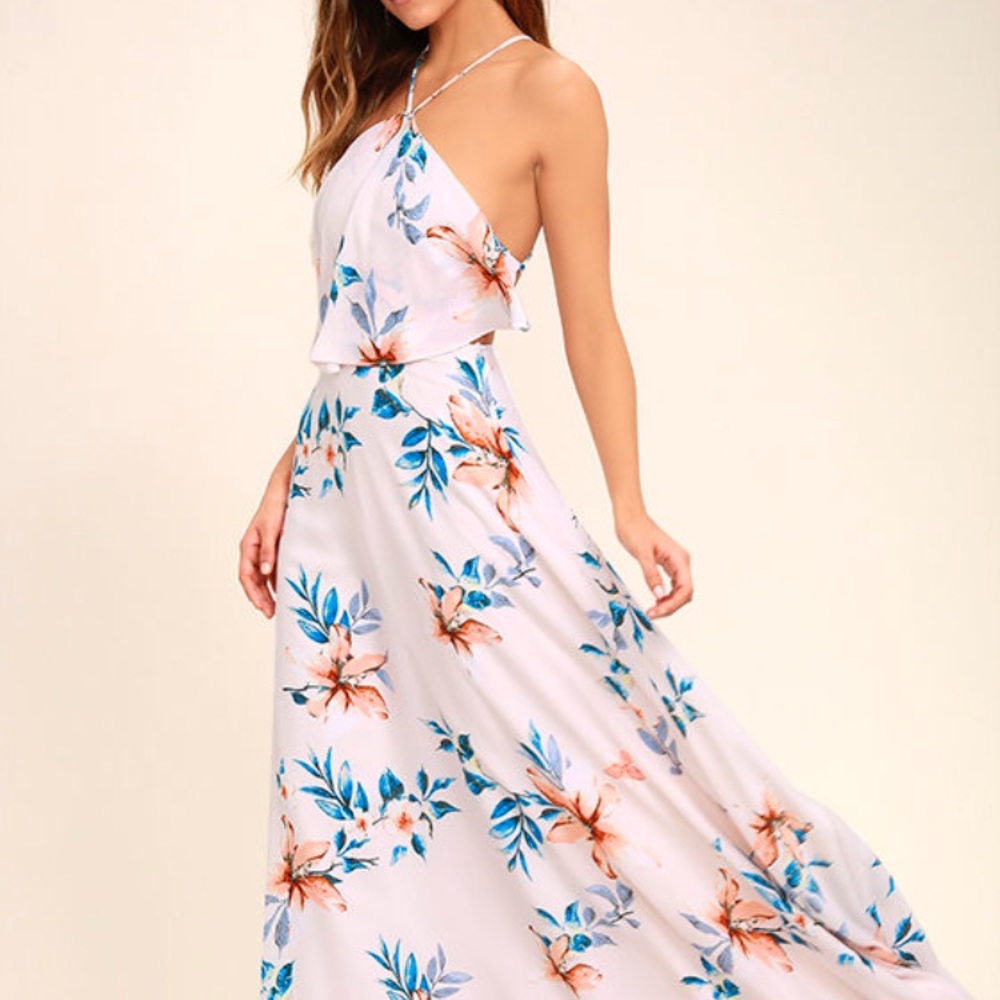 Lulus Peninsula Light Peach Floral Maxi Dress